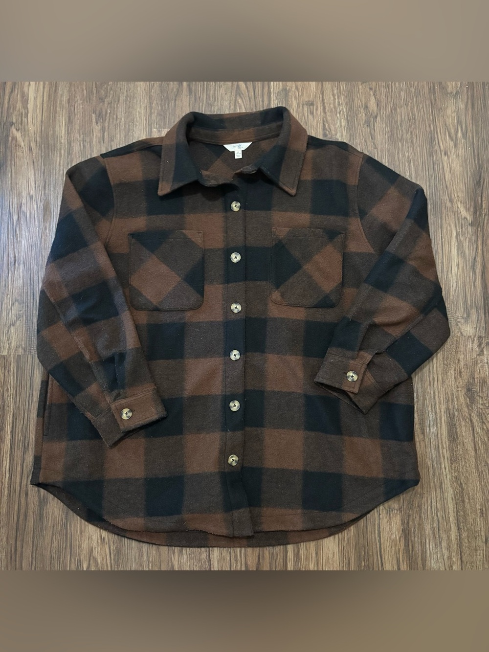 Terra & Sky 2X Brown Black Buffalo Plaid Flannel Shacket Overshirt